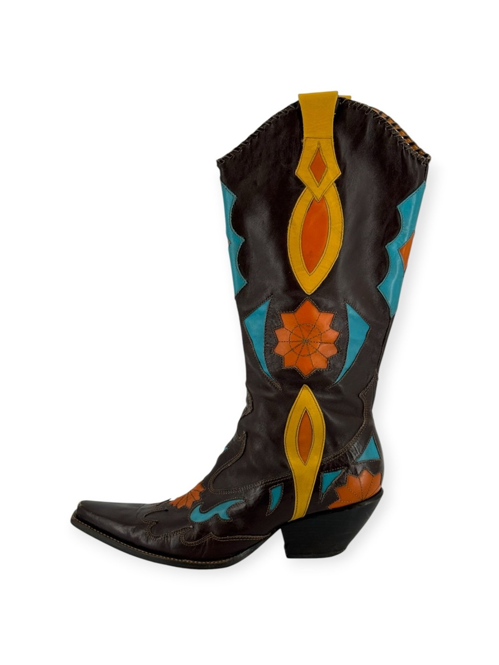 BCBGirls Brown Leather Western Heeled Boots with Orange & Turquoise Accents
